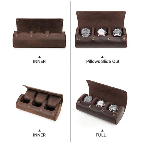 Coffee Genuine Leather Watch Roll – 3 Slot Travel Case for Men & Women