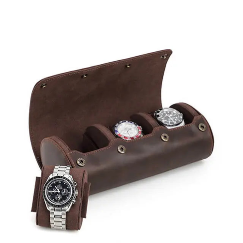 Coffee Genuine Leather Watch Roll – 3 Slot Travel Case for Men & Women
