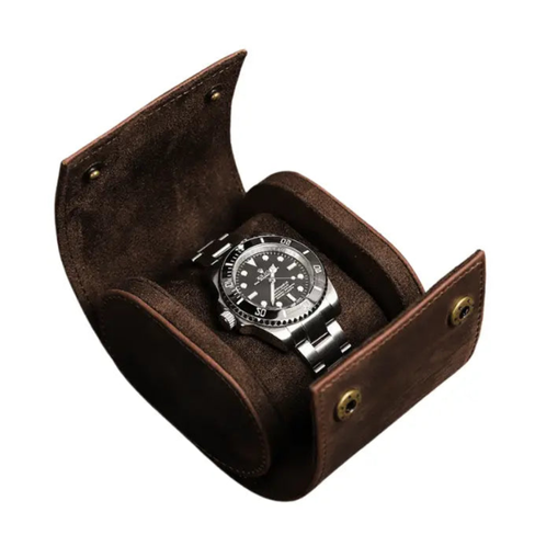Coffee Genuine Leather Single Watch Roll Case for Men