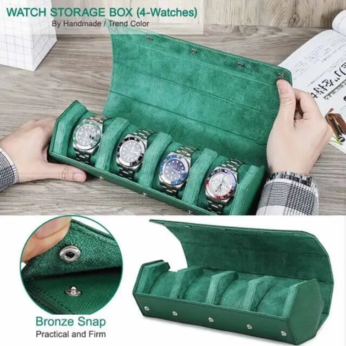 Classic Green Genuine Leather Watch Roll – 4 Slot Travel Organizer for Men