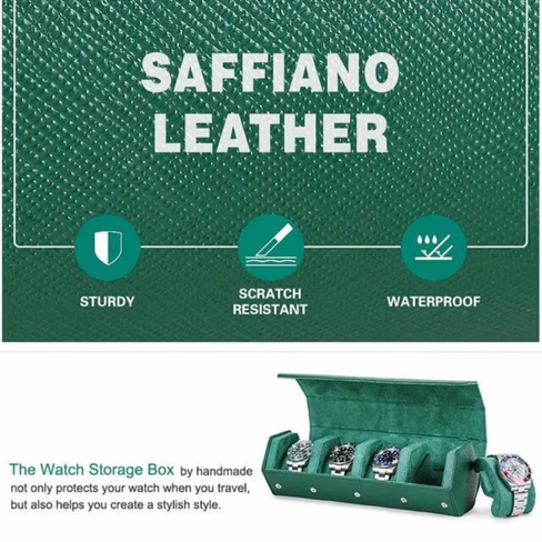 Classic Green Genuine Leather Watch Roll – 4 Slot Travel Organizer for Men