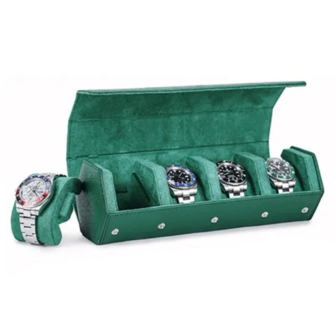 Classic Green Genuine Leather Watch Roll – 4 Slot Travel Organizer for Men