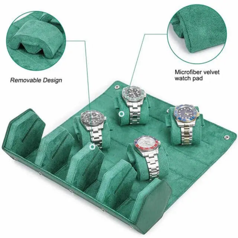 Classic Green Genuine Leather Watch Roll – 4 Slot Travel Organizer for Men