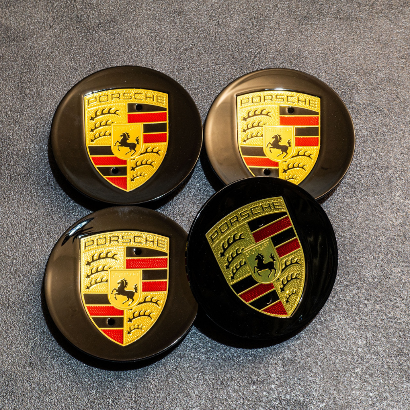 Porsche Wheel Hub Covers – Set of 4 Black, Silver and Grey Center Caps