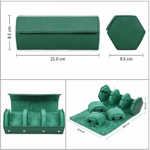 Leather Travel Watch Case Roll Organizer - Classic Green (3 Slots)