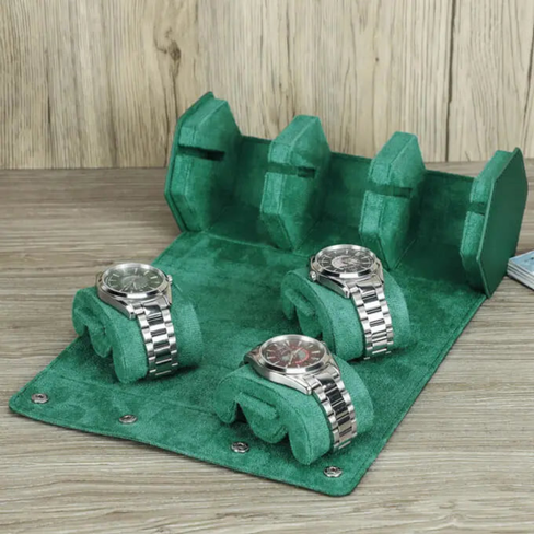 Leather Travel Watch Case Roll Organizer - Classic Green (3 Slots)