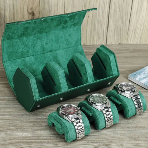 Leather Travel Watch Case Roll Organizer - Classic Green (3 Slots)