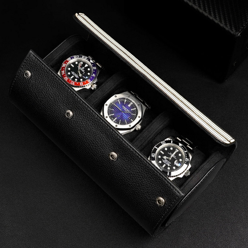Watch Storage Organizer Roll Travel Case – Black (3 Slots)