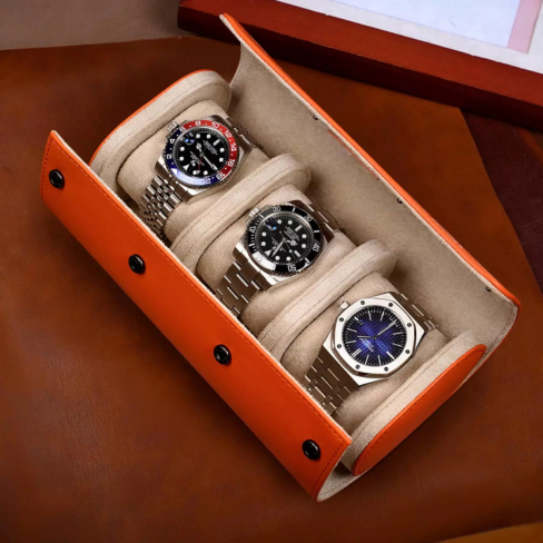 MOZSLY Watch Roll Travel Case – Orange Retro Prints (3 Slots)