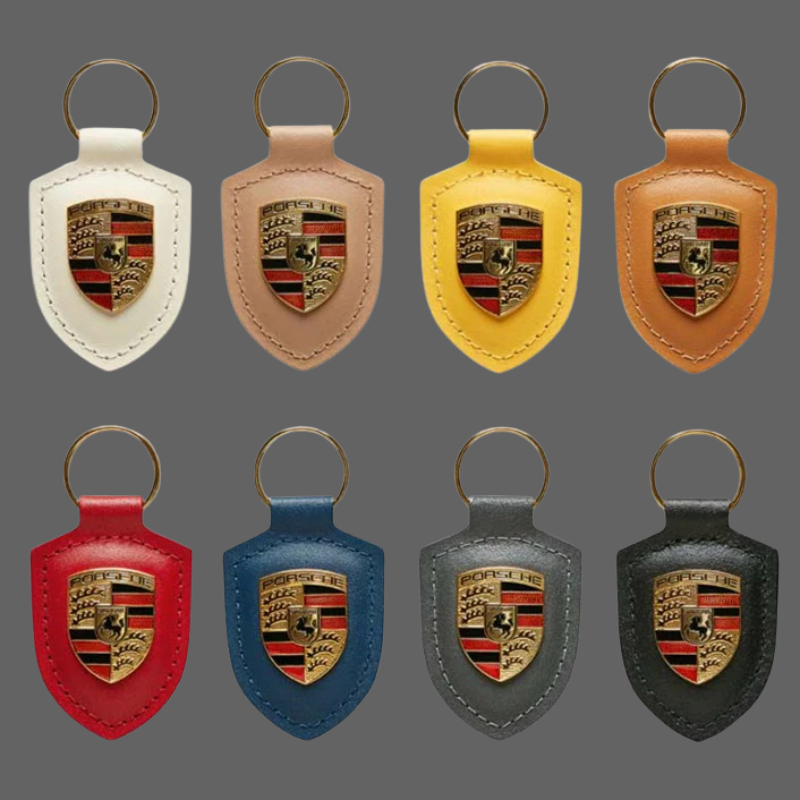 Porsche Crest Leather Keychain – Genuine Leather with Metal Emblem