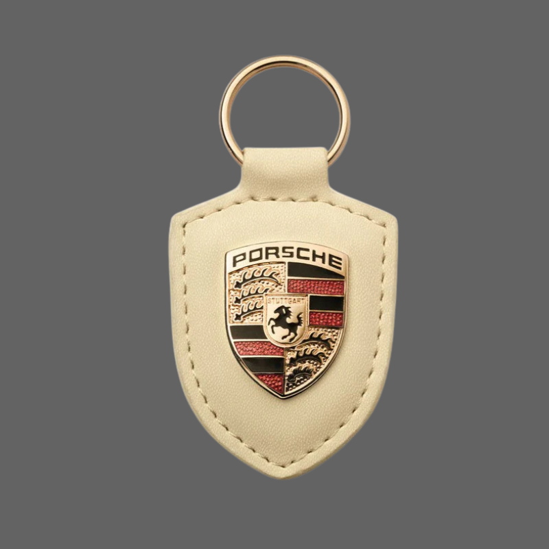 Porsche Crest Leather Keychain – Genuine Leather with Metal Emblem