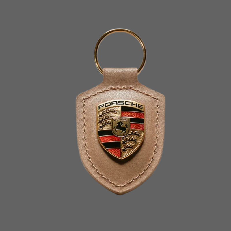Porsche Crest Leather Keychain – Genuine Leather with Metal Emblem
