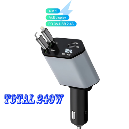 شاحن سيارة سريع قابل للسحب 4 في 1 – بقوة 240 واط / 120 واط USB و Type-C