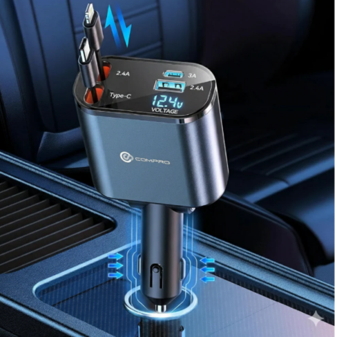 شاحن سيارة سريع قابل للسحب 4 في 1 – بقوة 240 واط / 120 واط USB و Type-C