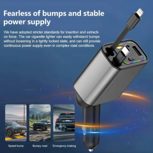 شاحن سيارة سريع قابل للسحب 4 في 1 – بقوة 240 واط / 120 واط USB و Type-C