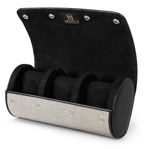 Elegant Black & White Travel Watch Roll – 3 Slot Vegan Leather Case