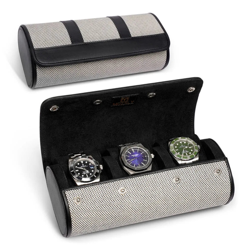 Elegant Black & White Travel Watch Roll – 3 Slot Vegan Leather Case