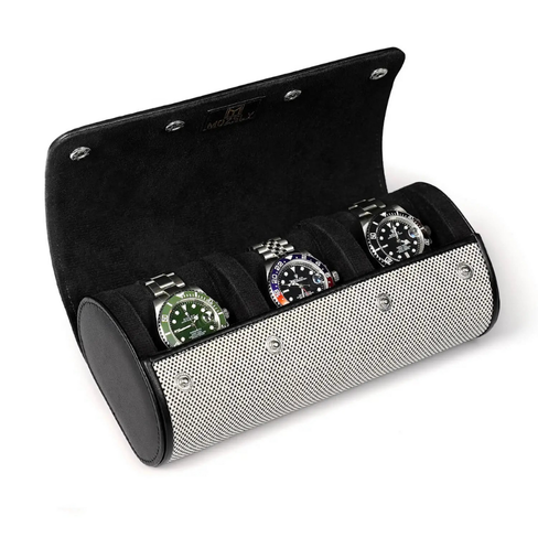 Elegant Black & White Travel Watch Roll – 3 Slot Vegan Leather Case
