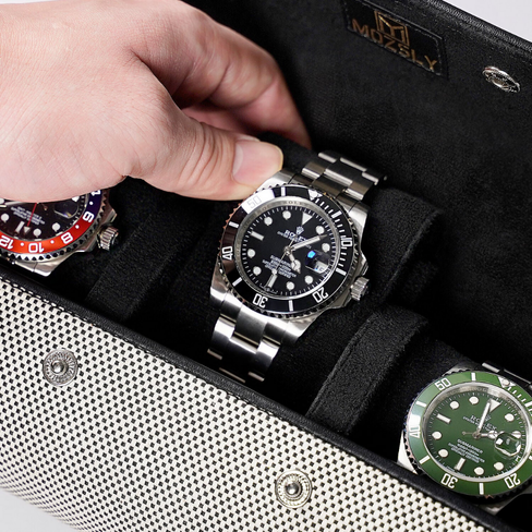 Elegant Black & White Travel Watch Roll – 3 Slot Vegan Leather Case