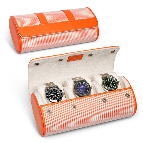 Elegant Orange & White Travel Watch Roll – 3 Slot Vegan Leather Case