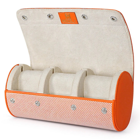 Elegant Orange & White Travel Watch Roll – 3 Slot Vegan Leather Case
