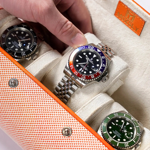 Elegant Orange & White Travel Watch Roll – 3 Slot Vegan Leather Case