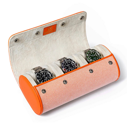 Elegant Orange & White Travel Watch Roll – 3 Slot Vegan Leather Case