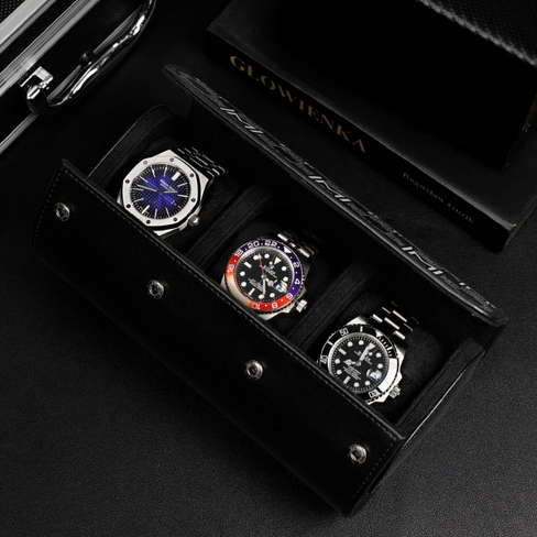 MOZSLY Watch Roll Travel Case – Black Retro Prints (3 Slots)