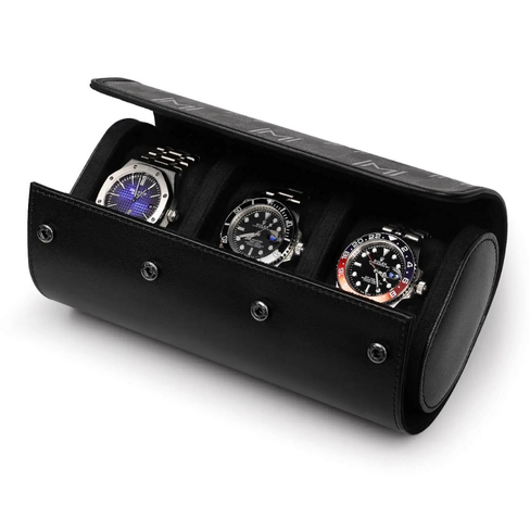 MOZSLY Watch Roll Travel Case – Black Retro Prints (3 Slots)