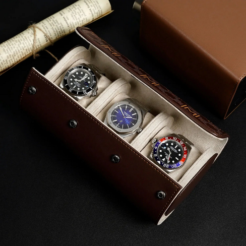 MOZSLY Watch Roll Travel Case – Brown Retro Prints (3 Slots)