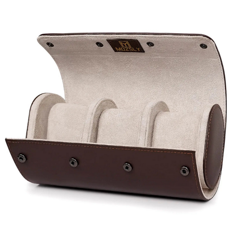 MOZSLY Watch Roll Travel Case – Brown Retro Prints (3 Slots)