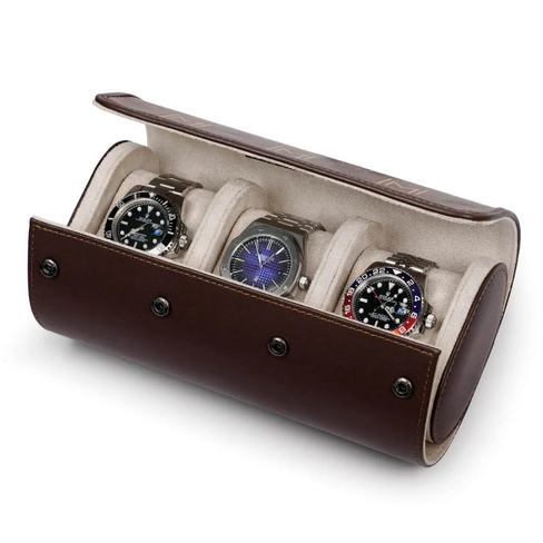 MOZSLY Watch Roll Travel Case – Brown Retro Prints (3 Slots)