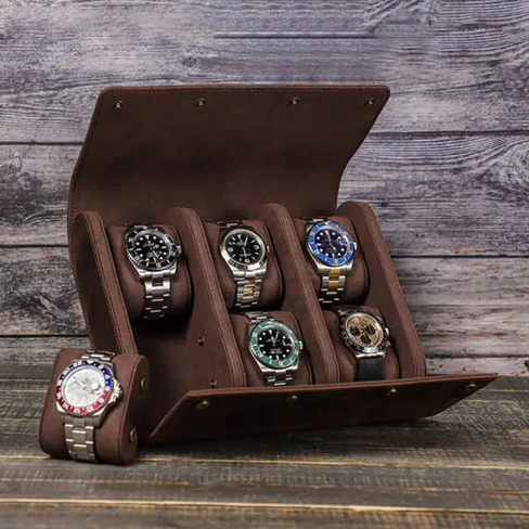 Coffee Genuine Leather Watch Roll – Travel Case for 6 Watches
