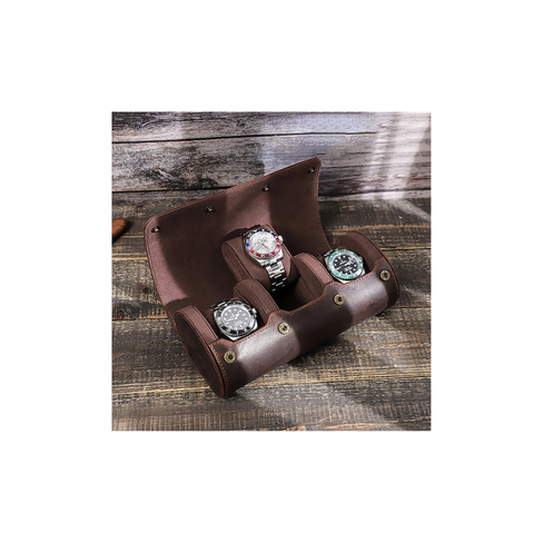 Coffee Genuine Leather Watch Roll – 3 Slot Travel Case for Men & Women