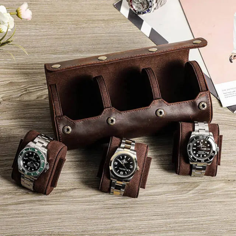 Coffee Genuine Leather Watch Roll – 3 Slot Travel Case for Men & Women