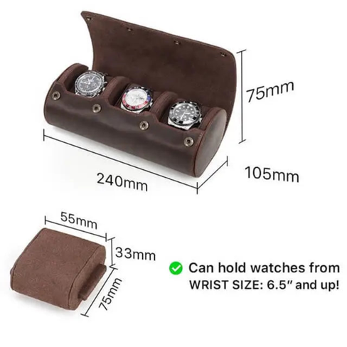 Coffee Genuine Leather Watch Roll – 3 Slot Travel Case for Men & Women