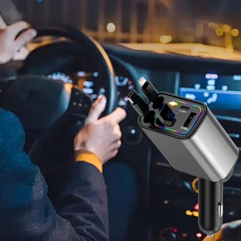 شاحن سيارة سريع قابل للسحب 4 في 1 – بقوة 240 واط / 120 واط USB و Type-C