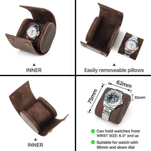 Coffee Genuine Leather Single Watch Roll Case for Men